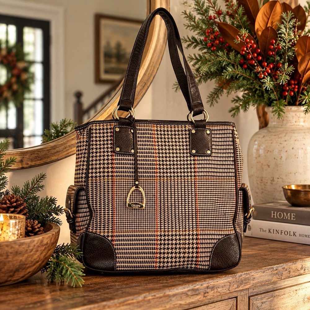 CHAPS Houndstooth Plaid Shoulder Tote Bag Brown Faux Leather Equestrian Preppy